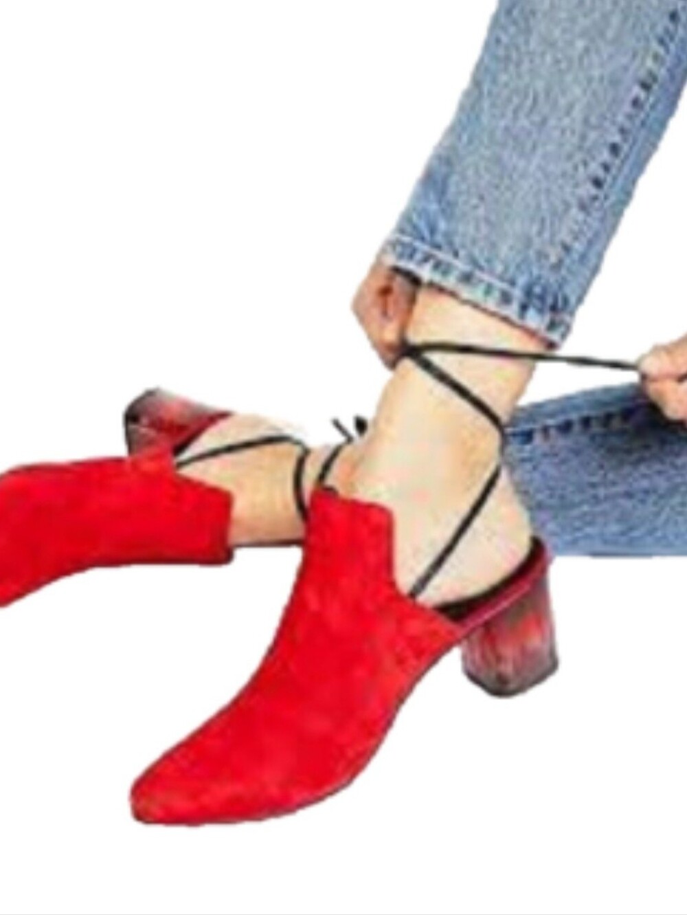 Free People Sparkler Red Suede Lucite Heel Wrap Mules – Size 39